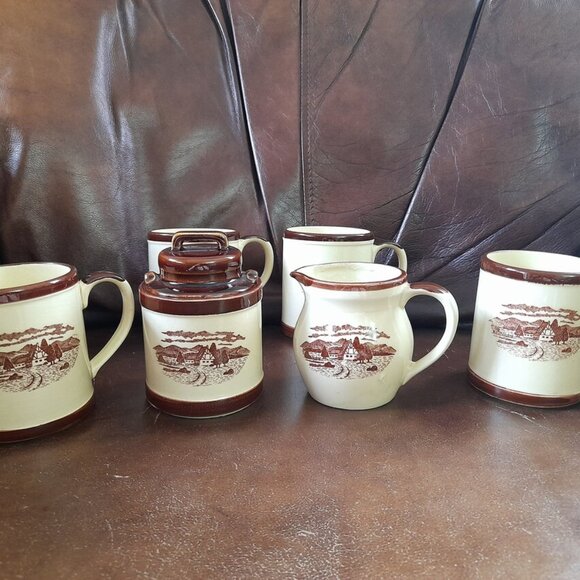 Vintage Transferware Set of Mugs Creamer Sugar Japan Brown Beige Ceramic - Picture 1 of 12